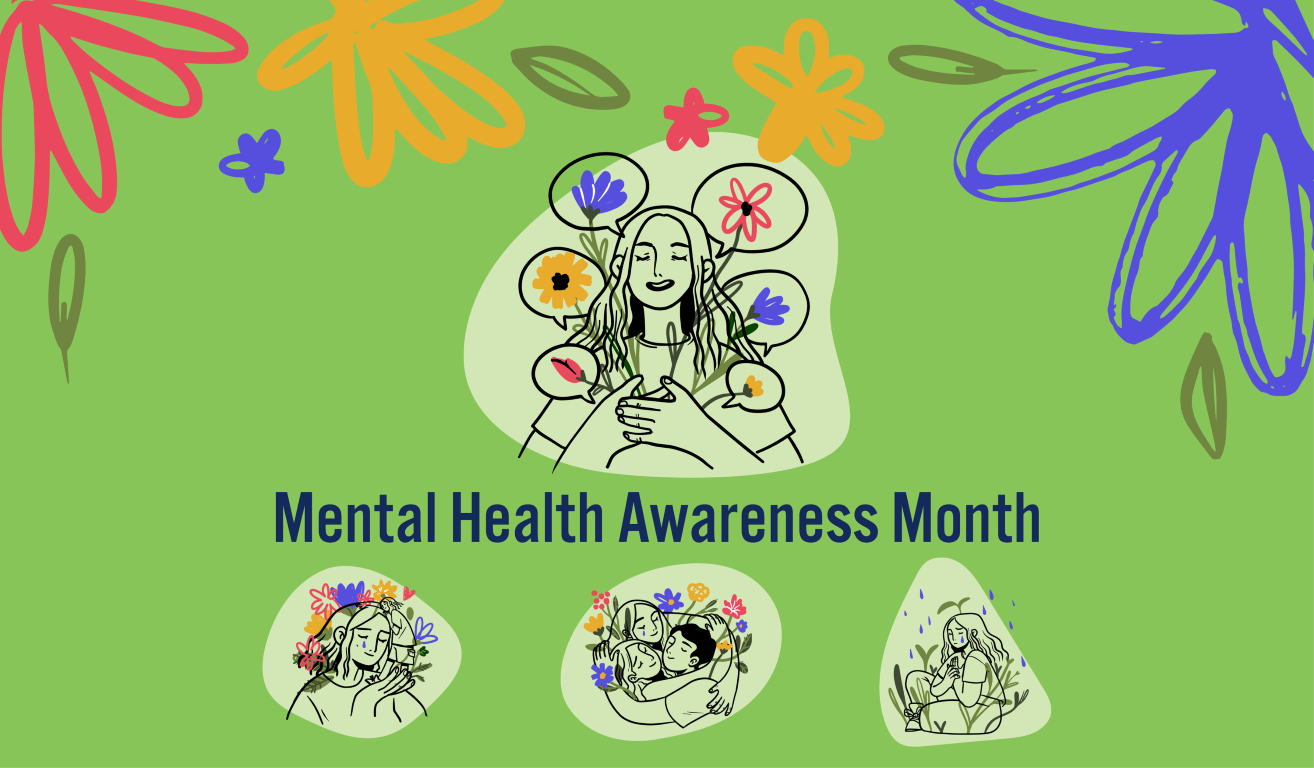Drawings of several people, in various emotional states, surrounded by drawings of flowers, on a green background, with the words Mental Health Awareness Month.