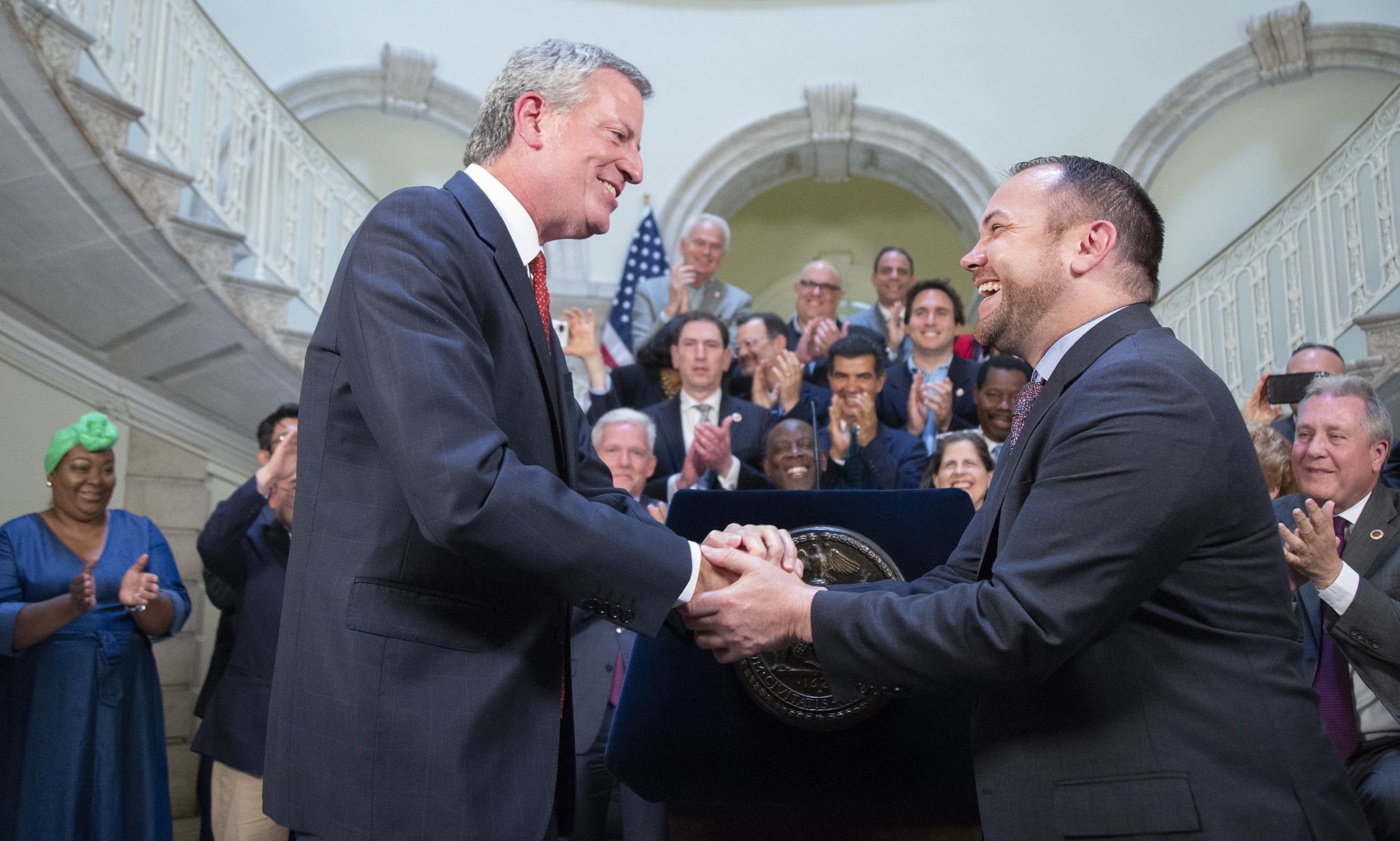 Speaker Corey Johnson and the NYC Council Join With Mayor de Blasio for Budget Handshake. Picture by John McCarten.