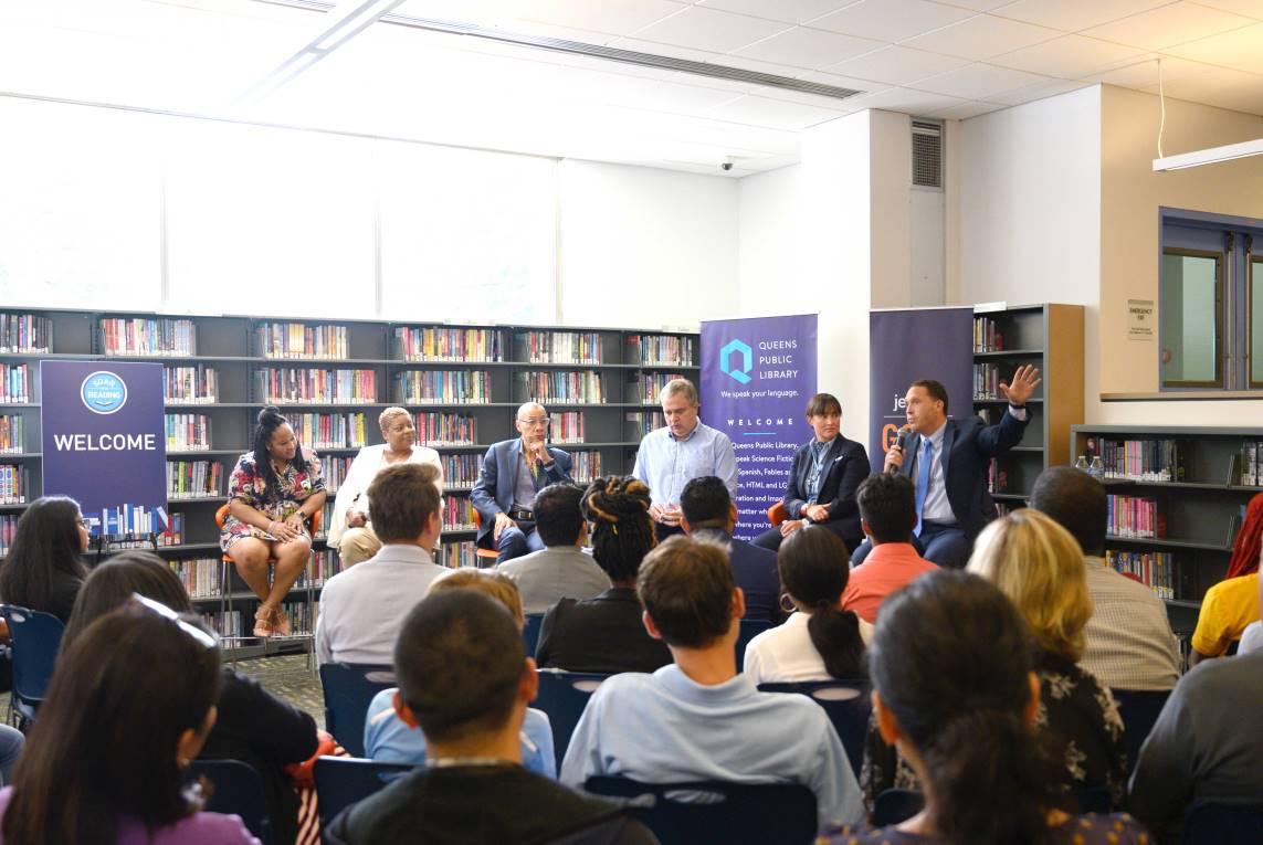 Reisha Allen, Sonia Goodman, QPL President & CEO Dennis M. Walcott, JetBlue CEO Robin Hayes, Rori Shonk and Anthony Locastro participated in a careers panel for teens and young adults.