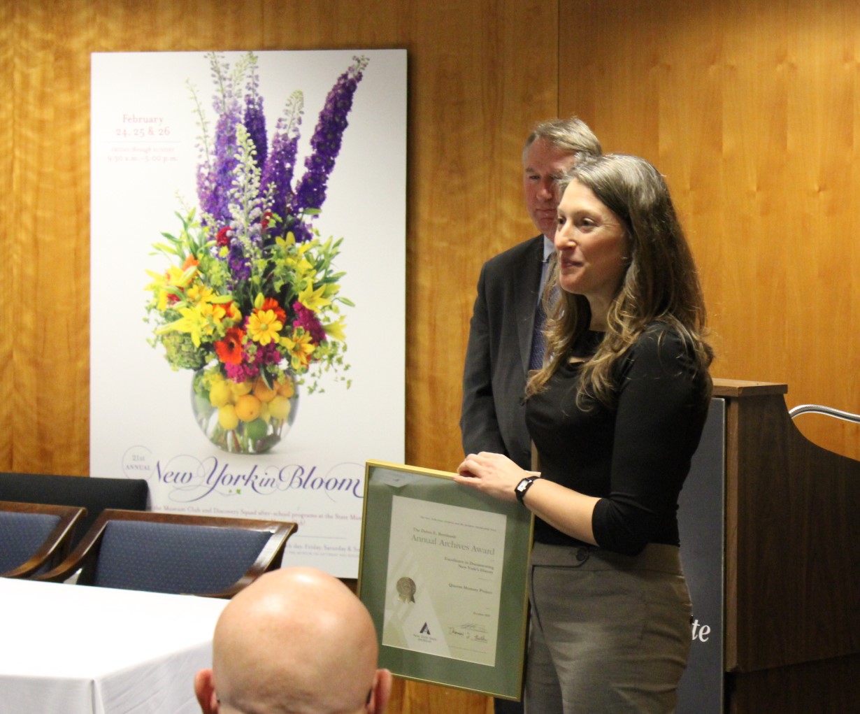 Queens Memory Project Director Natalie Milbrodt receiving the 2019 Debra E. Bernhardt Annual Archives Award for Excellence in Documenting New York’s History.