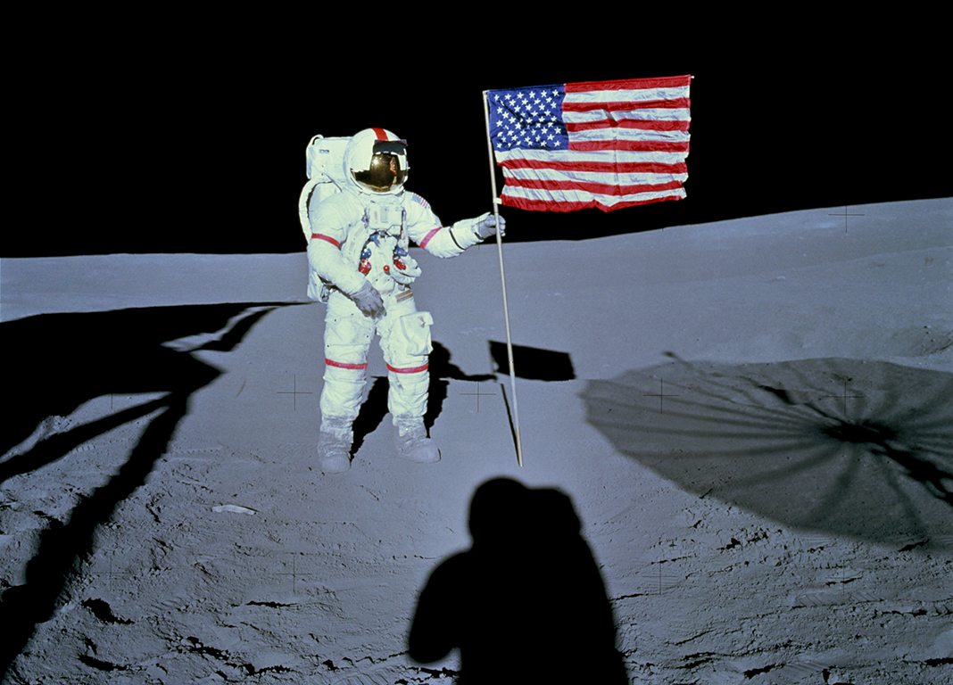 Alan Shepard and the American flag on the Moon during the Apollo 14 mission, February 1971, taken by his fellow astronaut Edgar Mitchell.