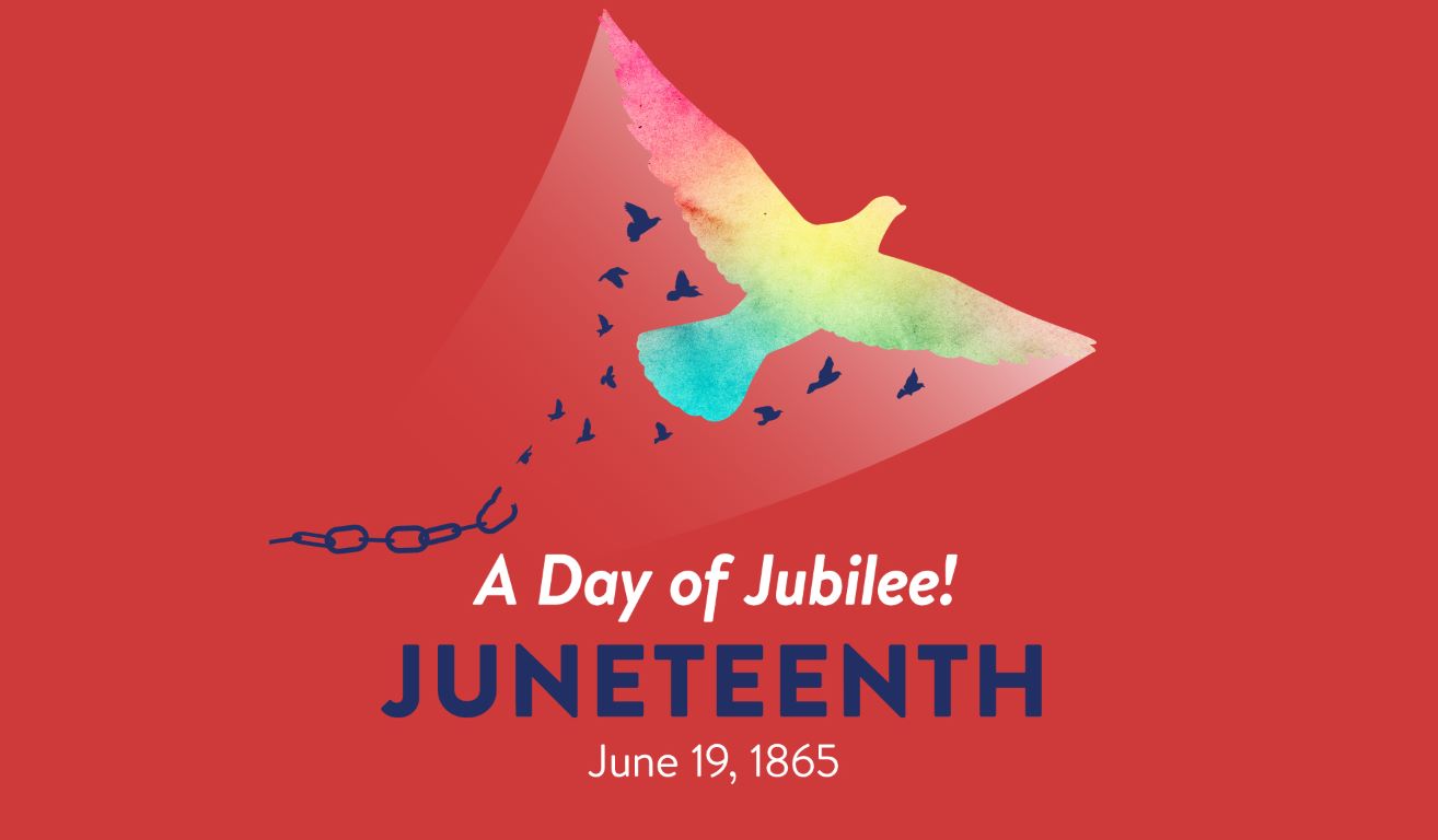 QPL's Juneteenth 2024 logo: a drawing of a large pastel-colored bird, with blue birds flying in its wake, a broken chain, and the words "A Day of Jubilee! Juneteenth June 19, 1865," on a red background.