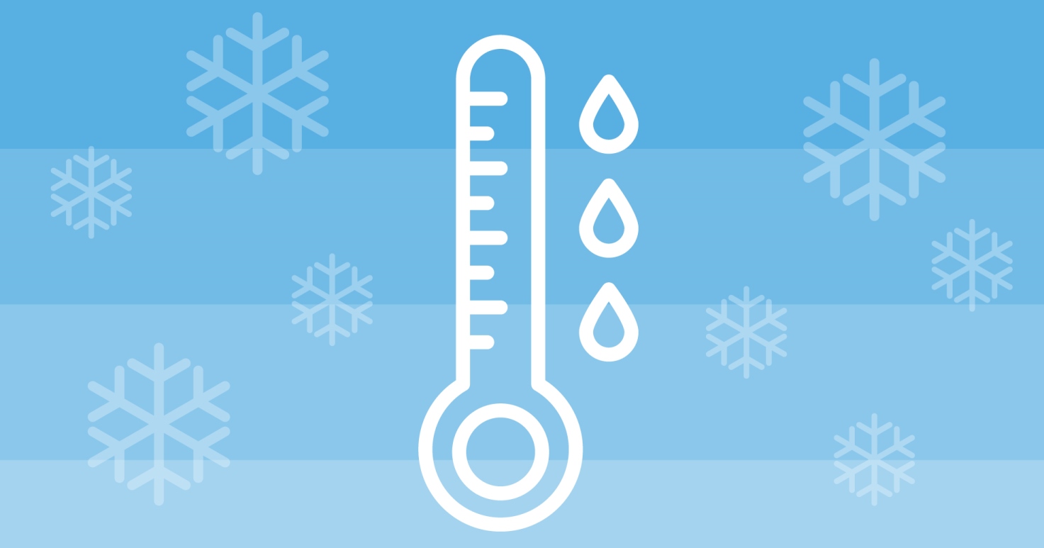 A graphic of a "sweating" thermometer surrounded by snowflakes, on a blue background.