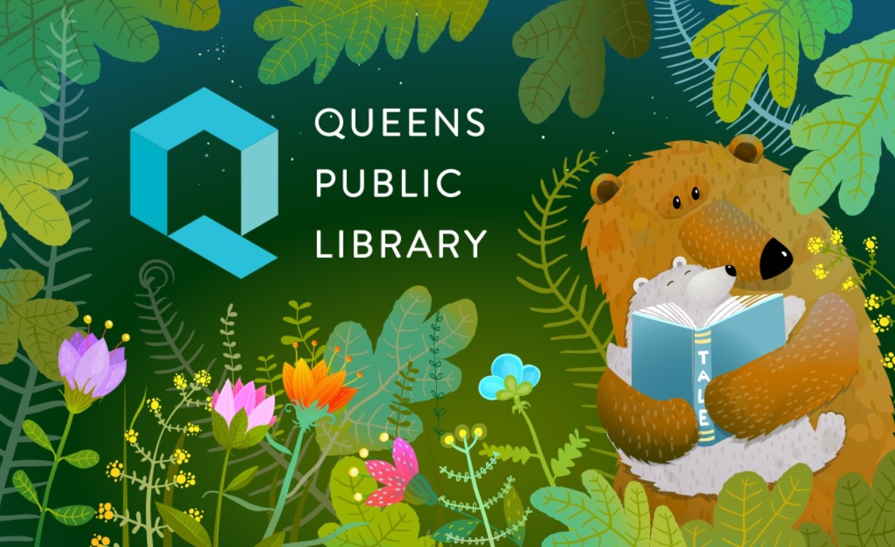 The QPL Baby library card, which features a fairy tale illustration of a bear reading to a cub, surrounded by the forest.