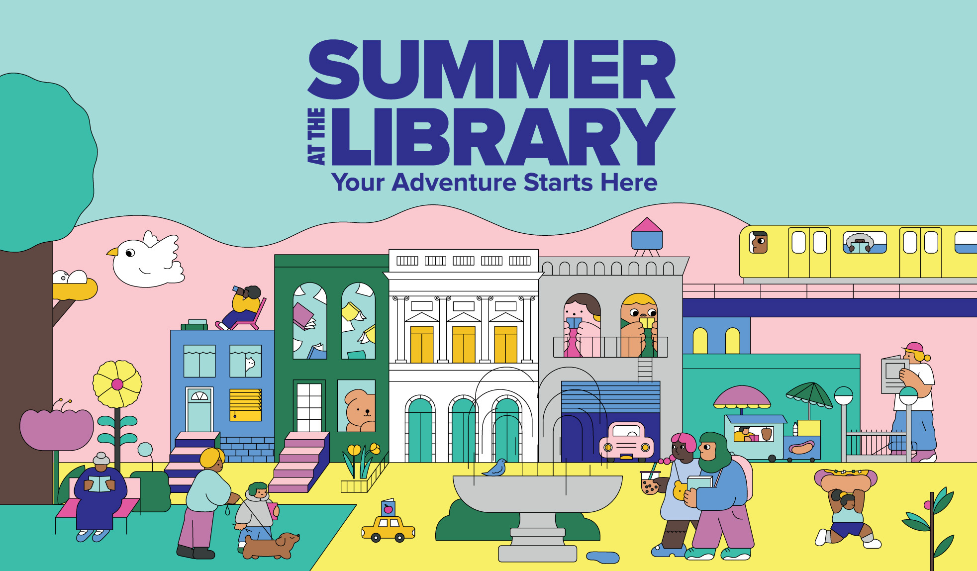 QPL's Summer Reading 2024 logo: the words “Summer at the Library Your Adventure Starts Here” hovering over an abstract cartoon cityscape full of reading characters.