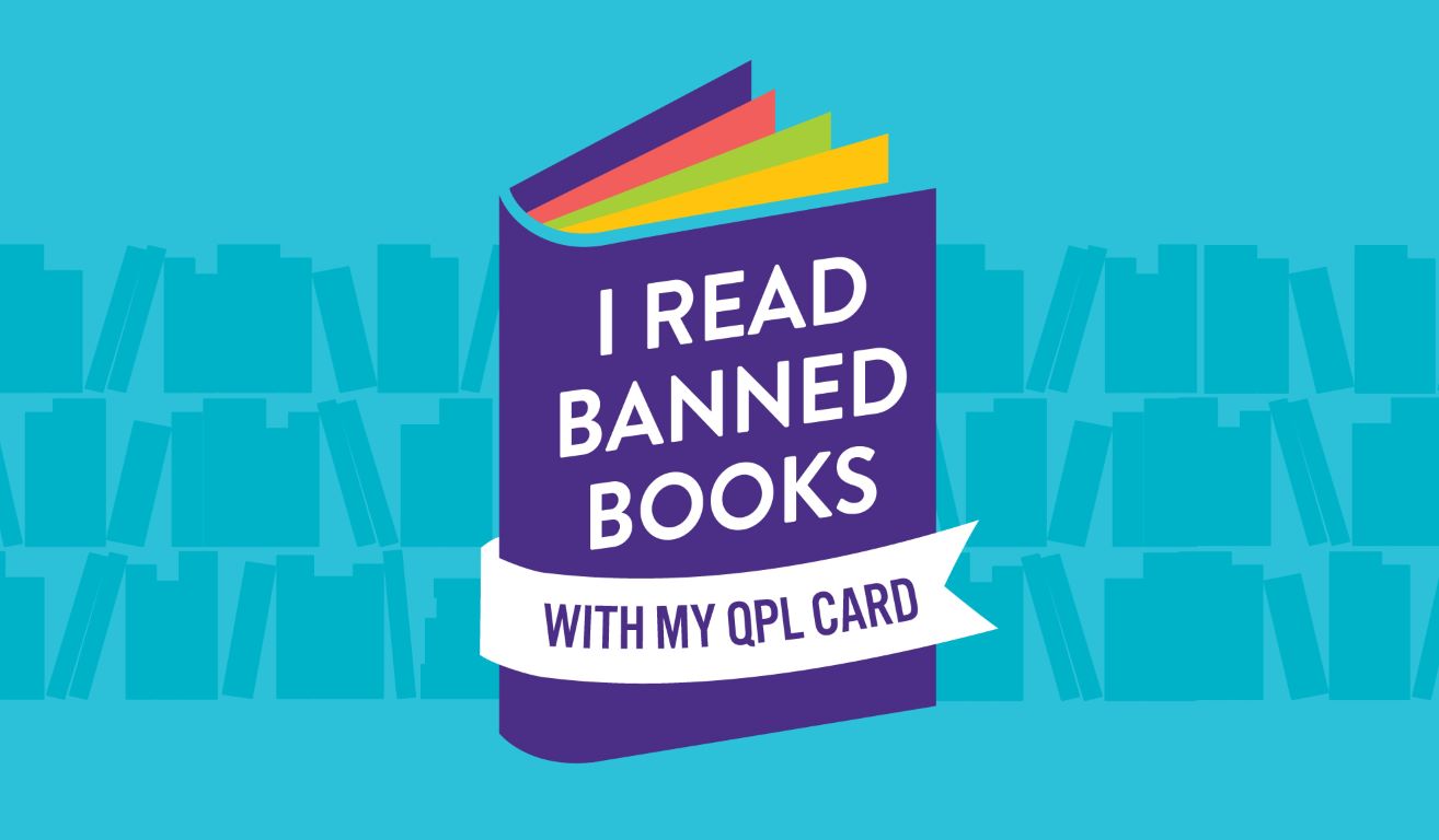 QPL's Banned Books logo: a purple book with a cover that says "I Read Banned Books with My QPL Card."