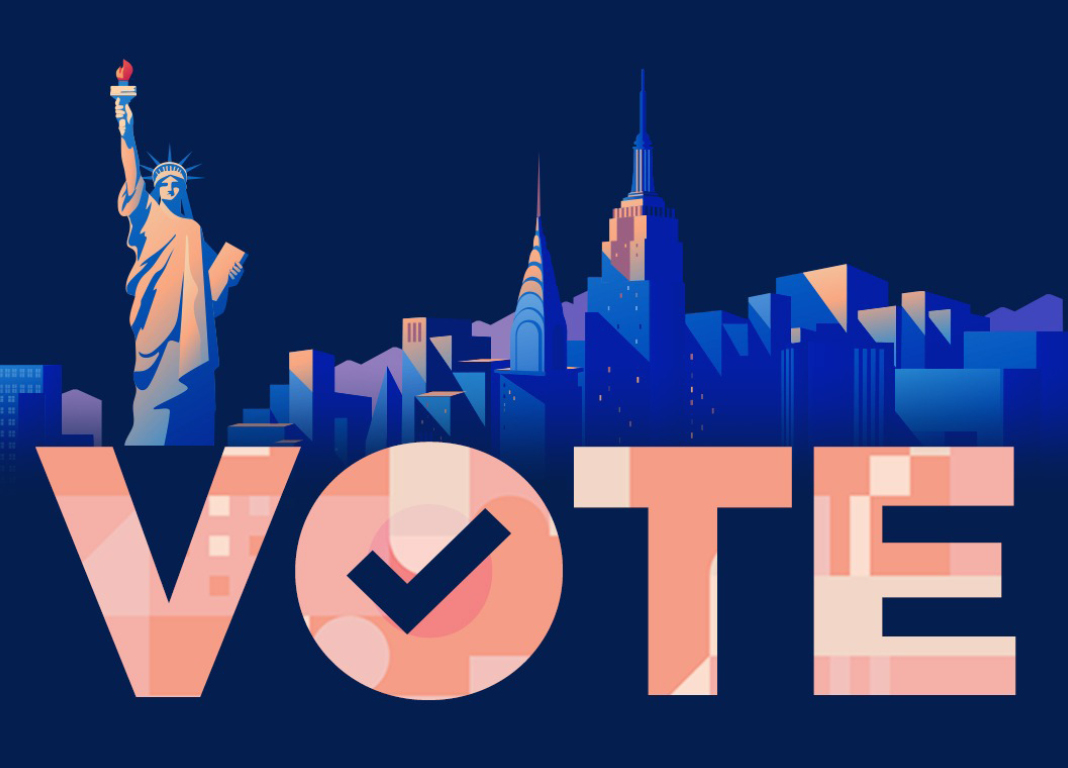 A graphic of the New York skyline and the Statue of Liberty, with the word "Vote" in front, and a checkmark in the center of the "O" in "Vote."