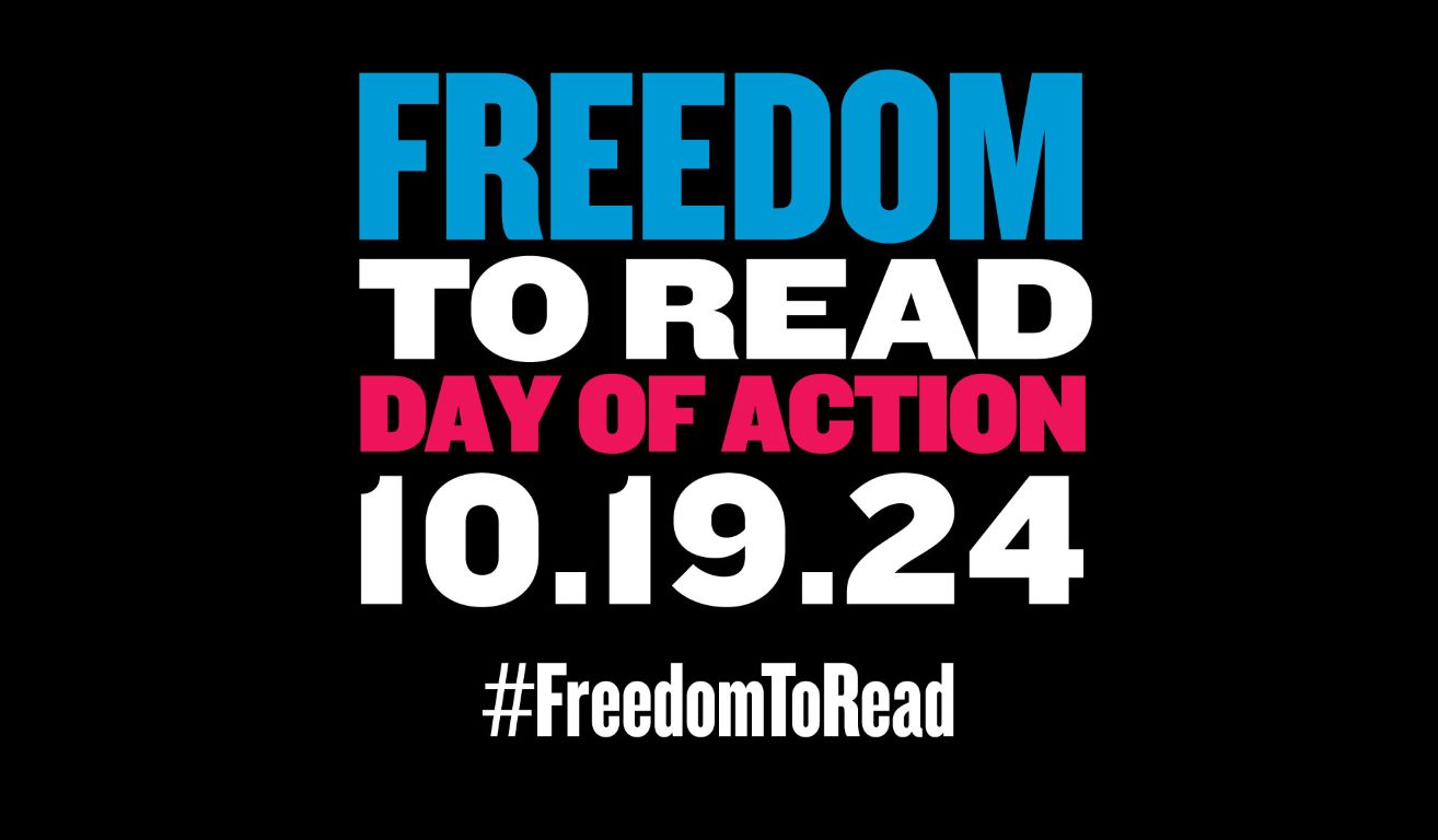 The words "Freedom to Read Day of Action 10.19.24 #FreedomToRead" on a black background.